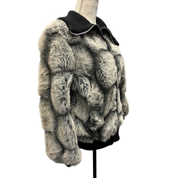 Women's Vintage Faux Fur Patchwork BGack and Grey Jacket With Black Knit Collar - Picture 4 of 8